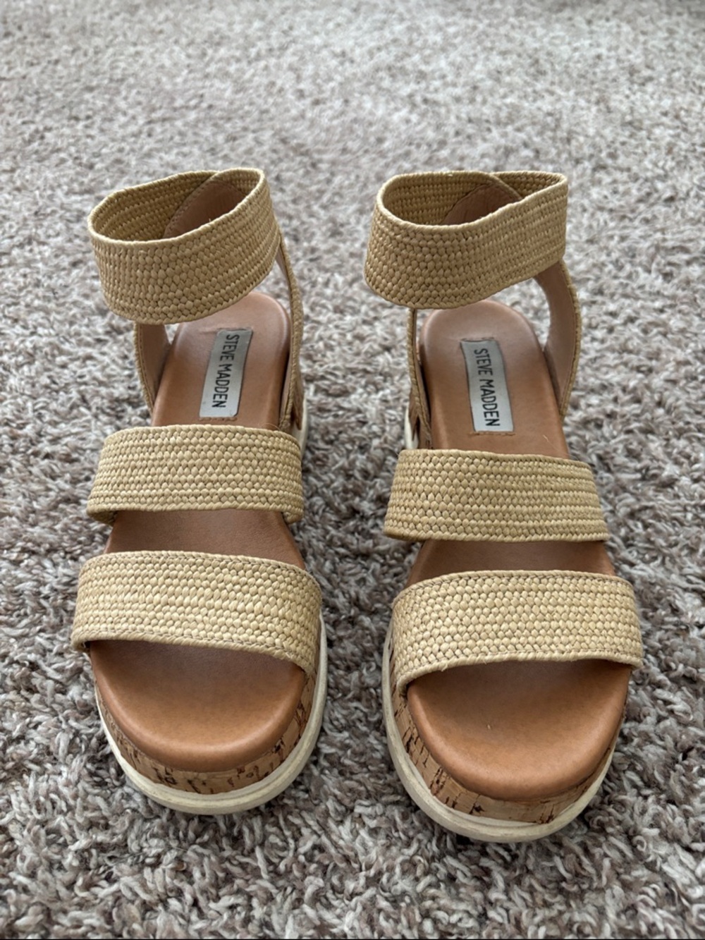 Steve Madden Beige Woven Ankle-Strap Platform Wedges